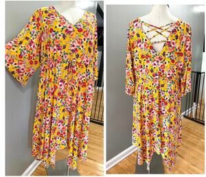 Torrid 4 (4X 26) Yellow Floral Strappy Back Babydoll Stretch Challis Dress New